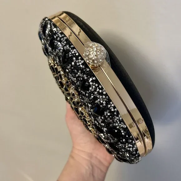 NEW Ramla Bejeweled Crystal Evening Bag Black Gold Chain Strap Top Handle Prom - Picture 2 of 11